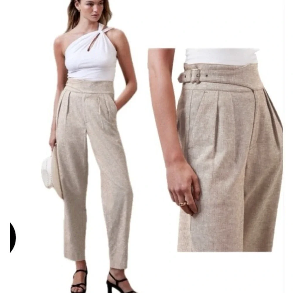 Banana Republic Linen Herringbone Pleated Pants Women 8 Beige Buckle Office Chic